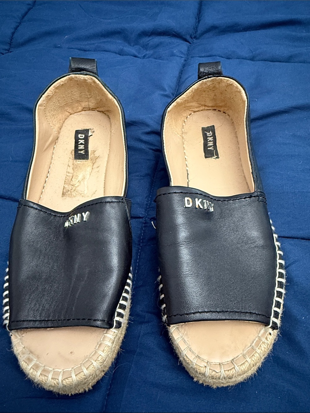 DKNY Black Leather Espadrille Slip-On with Jute Trim